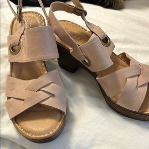 Born Pink-Taupe Leather Block Heel Sandals